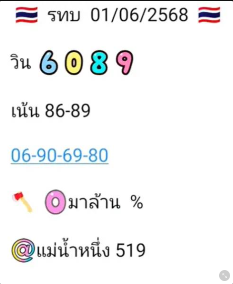 หวยแม่น้ำหนึ่ง 1/6/68