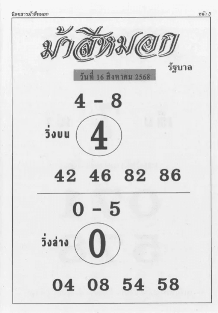 หวยม้าสีหมอก 16/8/68